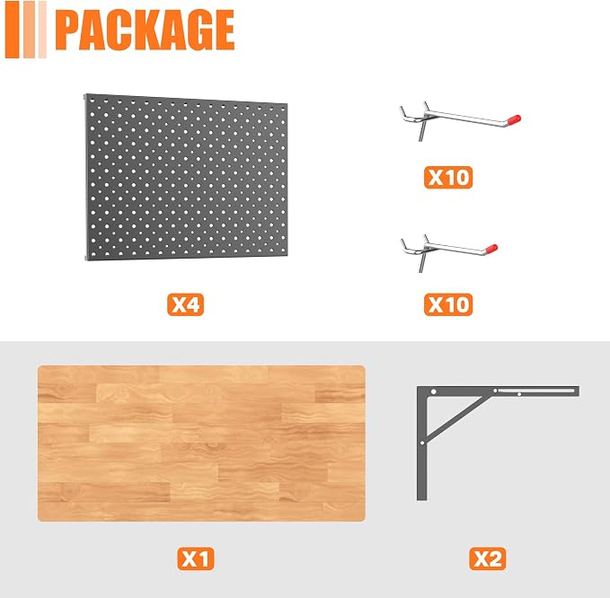 TORACK Heavy Duty Wall Mounted Folding Workbench with Pegboard Kit, Space-Saving Collapsible Wall Table/Desk for Garage Workshop, Holds Up to 150 lbs(Board Size: 31.5 x 15.75 in)