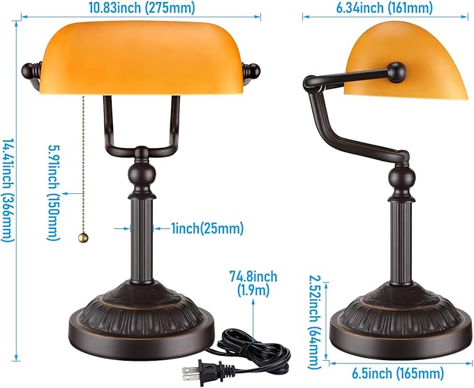 TORCHSTAR Amber Glass Bankers Desk Lamp with Pull Chain, E26 Base | Retro Weighted Base, Antique Traditional Library Lamp for Office Study Room, Bulbs not Included