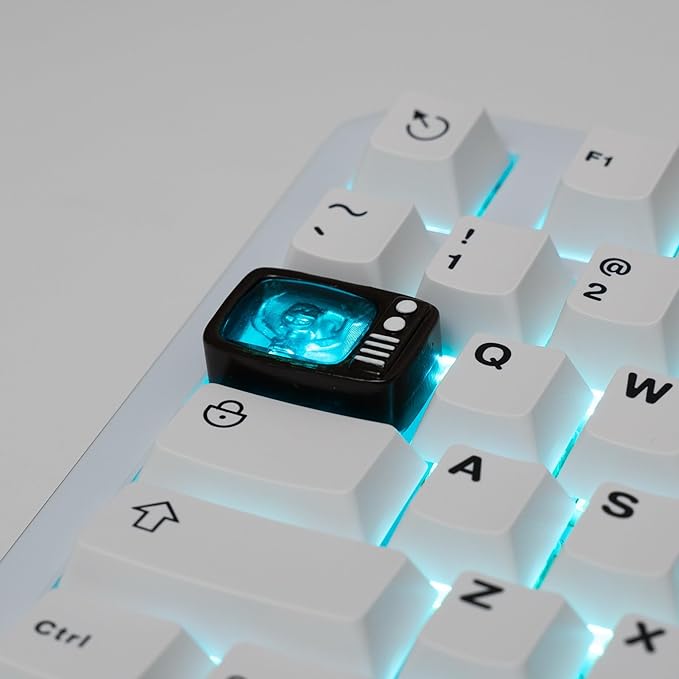 Retro TV Artisan Keycap, Transparent Turquoise Resin, 1.5U Size, Hand-Painted 3D Printed Design, Compatible with MX Switches, for Tab and Backslash Keys