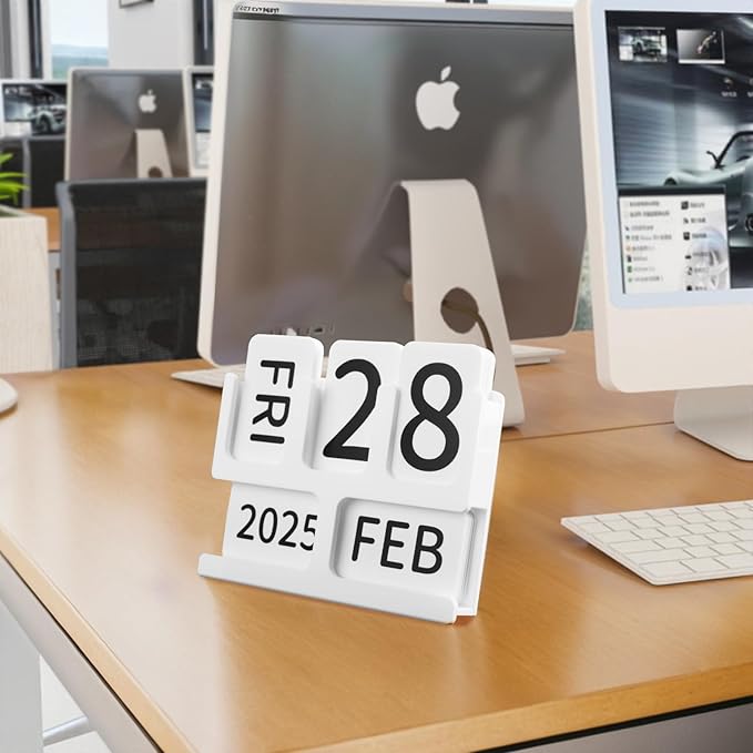 Acrylic Perpetual Calendar for Desk, Vintage Desktop Perpetual Calendar 2025-2034, Large Date Display Flip Blocks Tabletop Decor Daily Calendar Desk Accessory for Daily Office Home decoration (White)