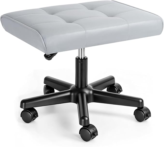 Footrest Under Desk Leg Rest Ottoman Adjustable Height Foot Stool with Wheels Leather Footrest Grey