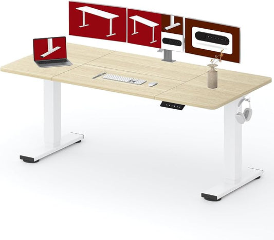 SANODESK Electric Standing Desk, 79 x 32'' Height Adjustable Sit Stand Desk with Large Splice Board Desktop Ergonomic Memory Presets Computer Workstations for Home Office, White Frame/White Wood Grain
