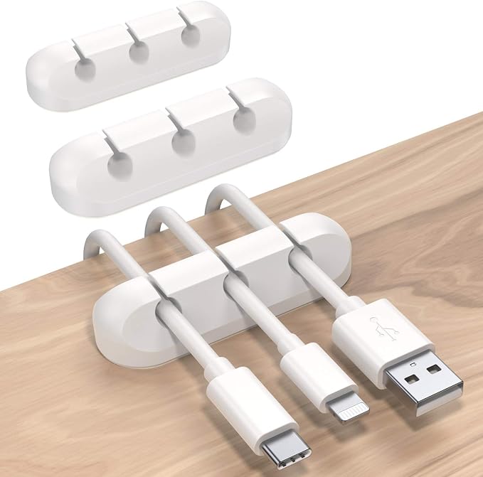 SOULWIT Cable Holder Clips, 3-Pack Cable Management Cord Organizer Clips Silicone Self Adhesive for Desktop USB Charging Cable Nightstand Power Cord Mouse Cable Wire PC Office Home - White
