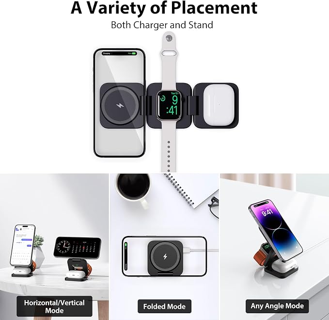 KU XIU Fast Wireless Charger, Magnetic Foldable 3 in 1 Charging Station for iPhone 17/16/15/14/13/12/Pro/Plus/Pro Max, 5W Portable Charger for Apple Watch10/9/8/7/6/5/4/3/SE, for Airpods3/2/Pro-Black