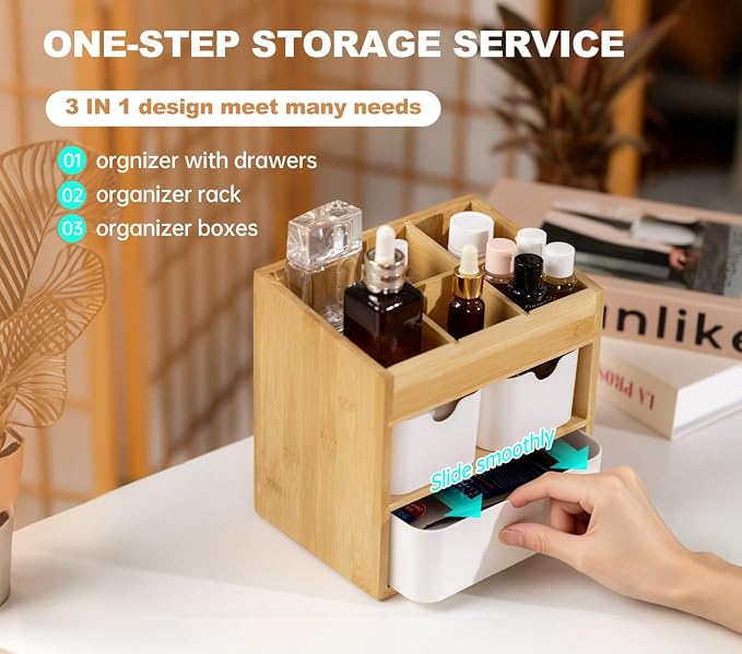 Bamboo Organizer with 3 Drawers, Small Organizer for Bathroom Countertop, Makeup Vanity Skincare/Cosmetic Organizer Box, Desktop Organization for Stationery, Adjustable & No Assembly Required