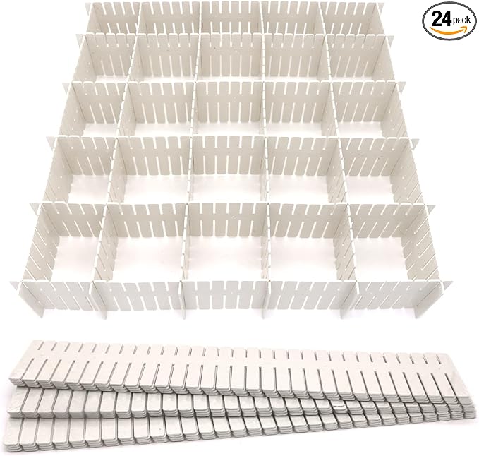 24Pcs Adjustable Drawer Dividers - 14.5Inch Plastic Storage Dividers - White DIY Grid Organizer for Socks, Underwear, Makeup, Clothes