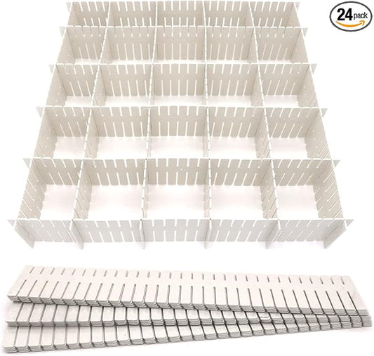 24Pcs Adjustable Drawer Dividers - 14.5Inch Plastic Storage Dividers - White DIY Grid Organizer for Socks, Underwear, Makeup, Clothes