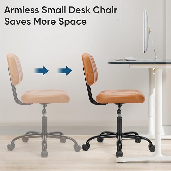 DUMOS Small Office Desk Chair, Armless Vanity Chair with Lumbar Support | PU Leather, 360° Rolling Task, Height Adjustable, Home Bedroom, Adult, Student, Brown