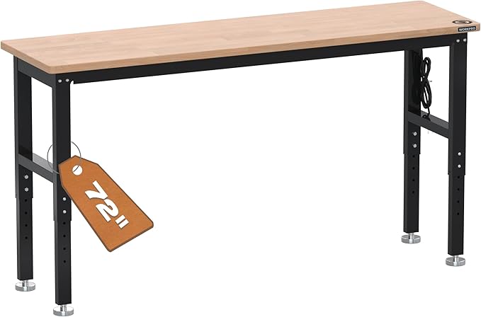 WORKPRO 72" Adjustable Workbench, 3000 LBS Load Capacity Hardwood Garage Workbench with Power Outlets, Rubberwood Top Heavy-Duty Workstation for Workshop, Garage, Home