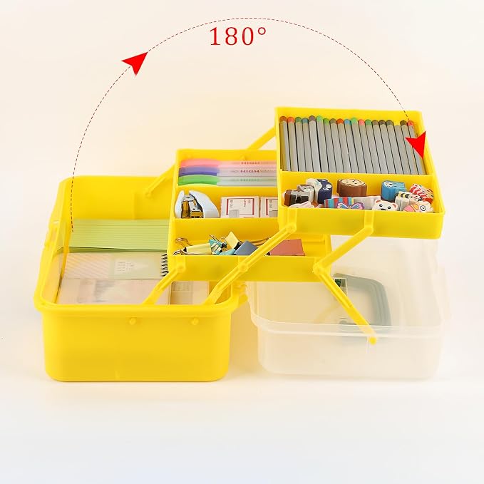 BTSKY 3-Layer Plastic Dividing Storage Box Craft Organizer and Storage | Portable Handled Art Supply Organizer with Adjustable Spacers Multipurpose Home Utility Box for Medicine Sewing(Yellow+Green)