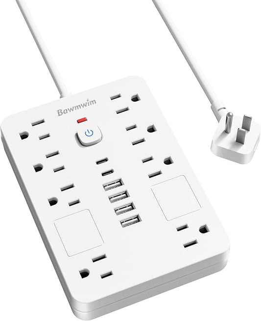 Surge Protector Power Strip - 8 Outlets(1850W/15A/14AWG) with 6 USB Ports（2 USB C, 10FT Flat Plug Extension Cord, Wall Mount Multi Plug Outlet Extender, ETL Listed for Home, Dorm Room, White