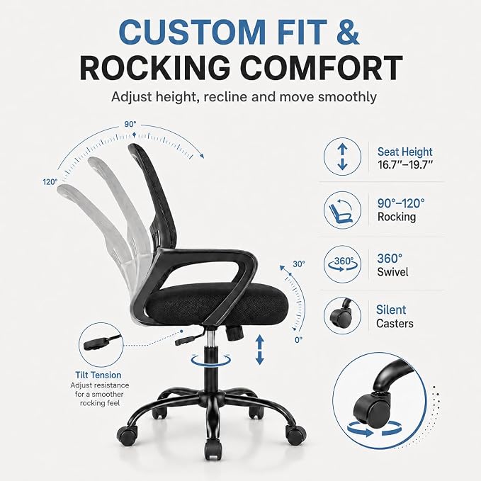 Ergonomic Office Chair, Home Office Desk Chair, Game Chair with Lumbar Support, Breathable Mesh Chairs, Swivel Desk Chairs for Computer, Home, Office, 360° Swivel (Blank)