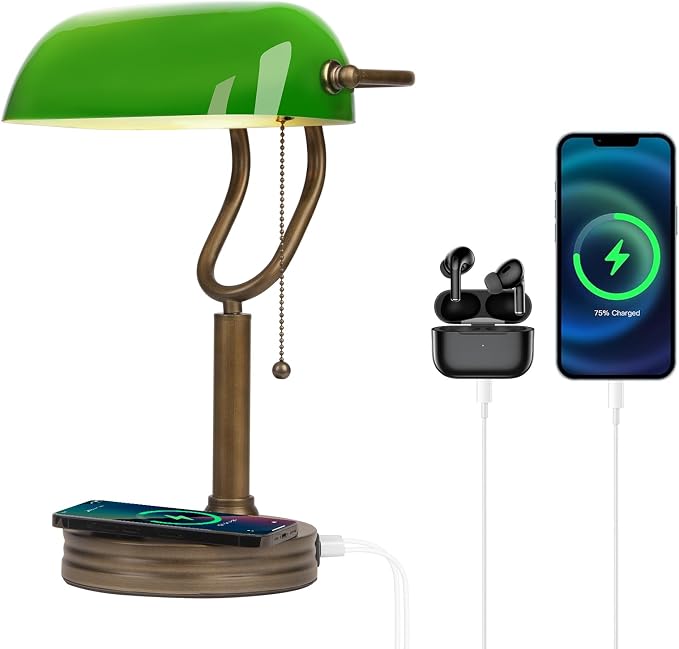 Green Glass Bankers Lamp, Antique lamp with USB Wireless Charging Port, Classic Pull Chain Switch Table lamp, for Home Office nightstand Bedside Study Desk Library