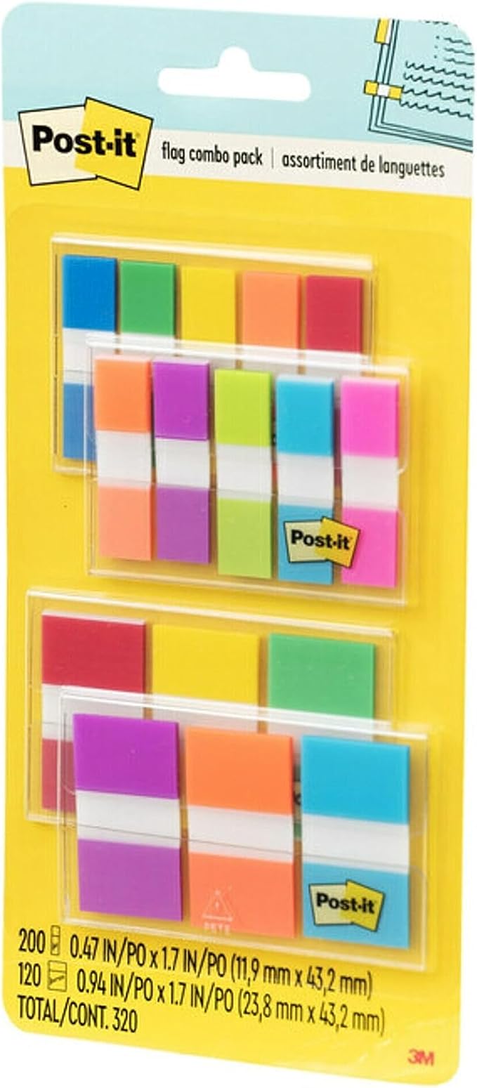 Post-it Flags Combo Pack,4 On-The-Go Dispensers/Pack,120 .94 in Wide and 200 .47 in Wide Flags,Assorted Colors (683-XL1),(Pack of 12)