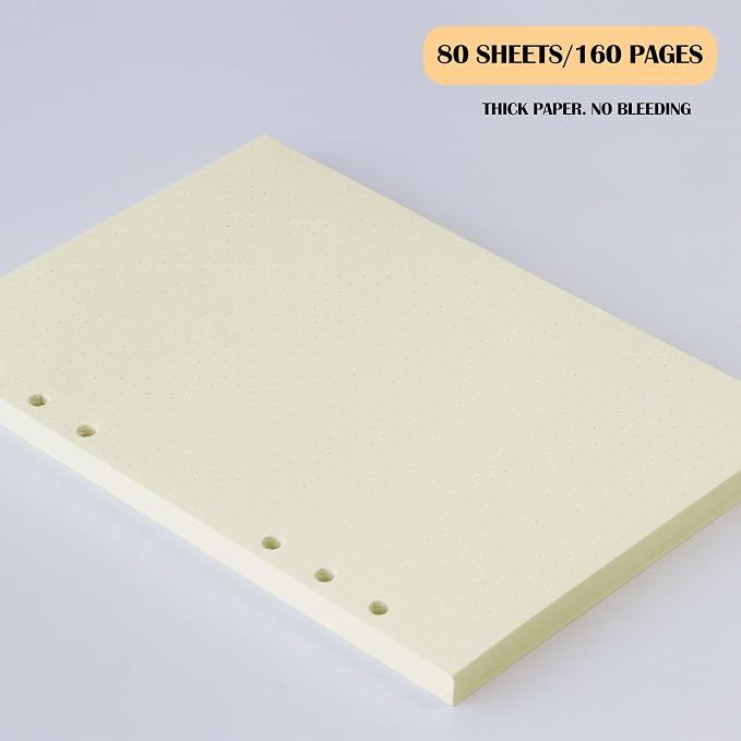 A5 Dot Grid Filler Paper, 6-Hole Punched, 100GSM Dotted Loose-Leaf Paper and Planner Inserts for Planners, Meeting Notes, and Bullet Journals,80 Sheets/160 Pages