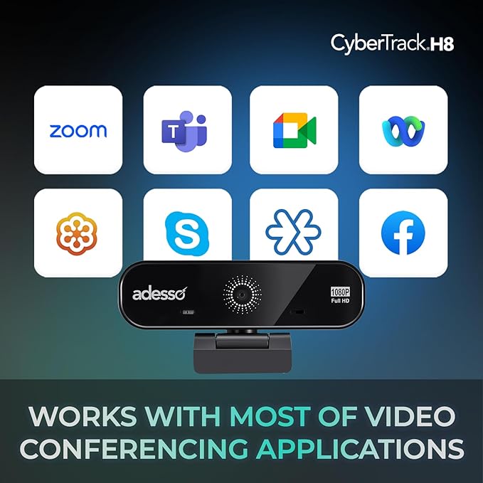 Adesso CyberTrack H8 Webcam 1080P Full HD with Auto Focus Lens, Dual Microphones Noise Cancellation, Privacy Shutter, Tripod Mount, USB Computer Camera for Video Conferencing