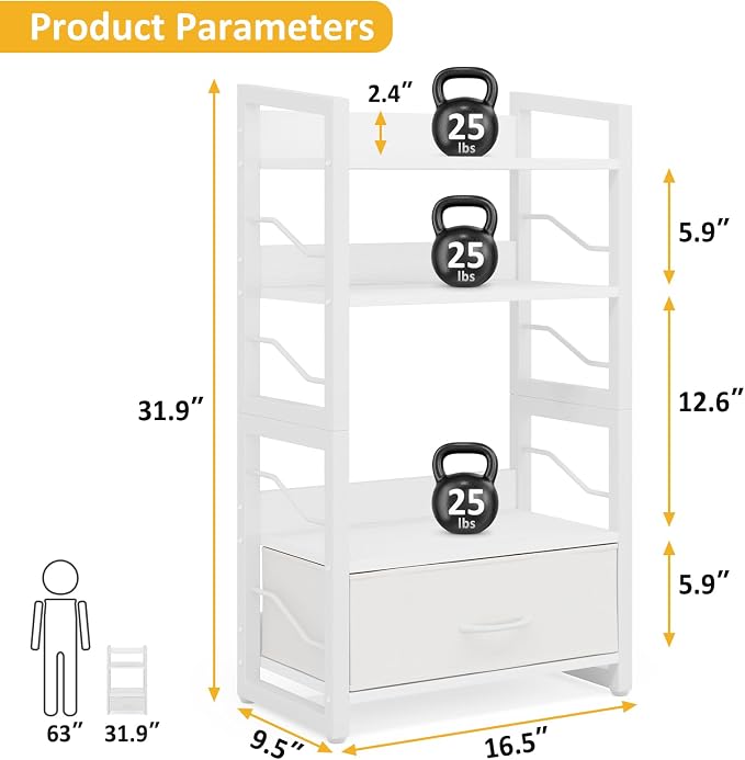 Hosfais Small Bookshelf with Drawer - 4-Tier Wood Book Shelf Industrial Narrow Bookcase Storage Organizer Metal Stackable Shelves for Desktop Bedroom Living Room Home Office (White)