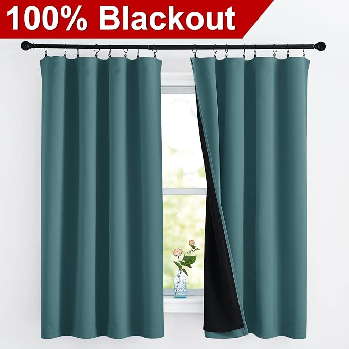 NICETOWN 100% Blackout Curtain Panels, Thermal Black Liner Curtains for Nursery Room, Noise Reducing and Cold Blocking Drapes for Windows (Set of 2, Sea Teal, 52 inches Wide by 63 inches Long)