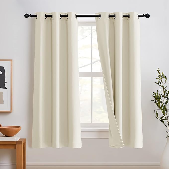 RYB HOME Noise Cancelling Curtains 63 inch Length 2 Panels Set- 3 Layers Total Blackout Curtains Soundproof Thermal Insulated Window Treatment for Kids Room Studio Bedroom, 42 x 63 inches, Beige