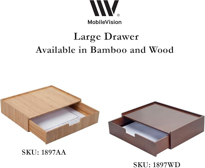 MobileVision Bamboo Drawer Large, Monitor Stand & Stackable Storage Solution for office products pens, pencils, scissors, notepads, business cards and more