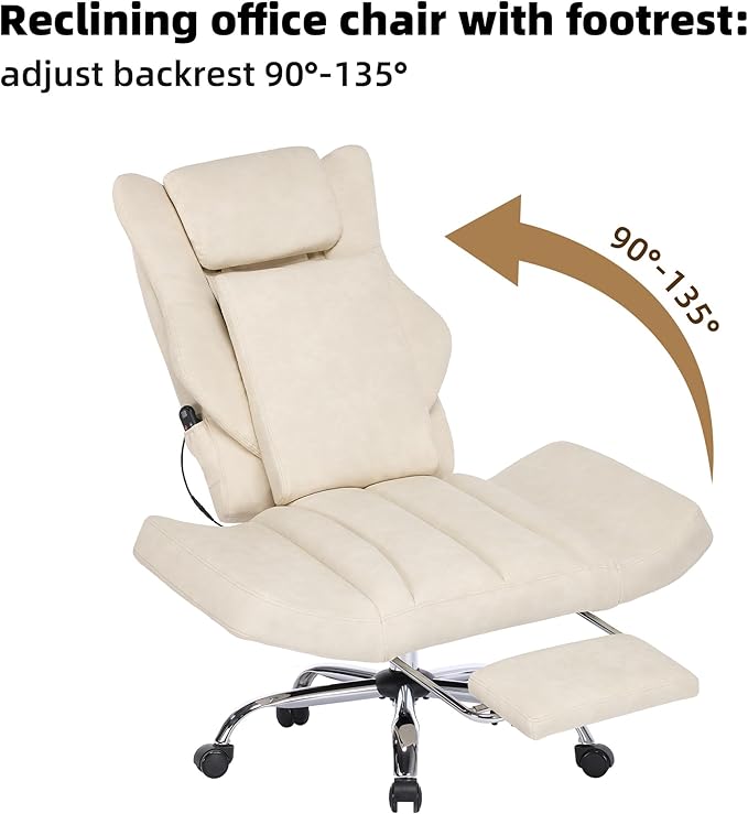 DYHOME Executive Office Chair with Massage and Footrest Heavy Duty Task Desk Swivel Ergonomic Chairs with Lumbar Support Wheels Flip-up Arms Adjustable Height,Leather Beige Computer Gaming Chairs