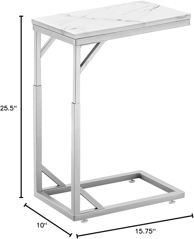 C-Shaped End Table, Small Sofa Table with Metal Frame, Adjustable Height Side Table for Couch, Living Room, Bedroom, Bedside (Silver, Small)