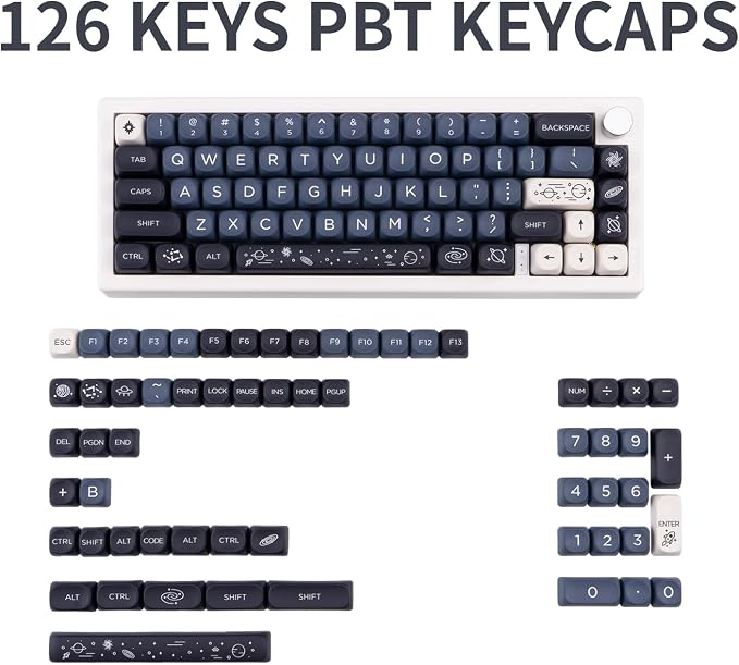 MOA Keycaps 126 Keys PBT Keycaps Dye-Sublimation Custom Keyboard Key Caps Set for Cherry Gateron MX Switches Mechanical Keyboards, Black Blue Space Theme Key Caps