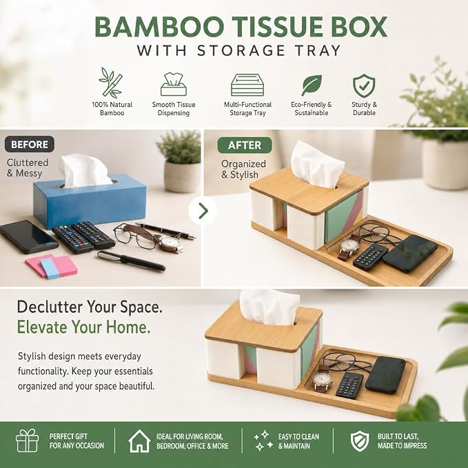 Bamboo Tissue Box Holder with Organizer Tray for Desk, Nightstand, Home | Decorative rectangle tissue box cover for nightstand, office desk, living room and bedside table, fits standard boxes