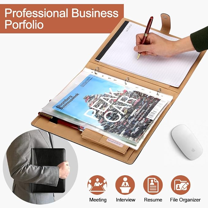 Black Leather Padfolio with 3 Ring Portfolio A4 Binder with Clipboard Padfolio for Women Men Professional Business Binders Organizer with Calculator Planner Portfolio Executive Notebook Closure Folder