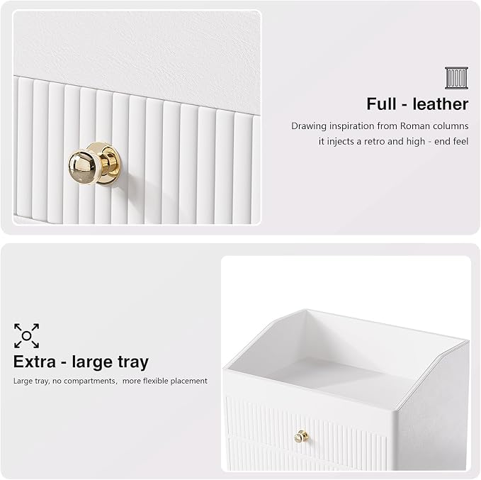 LADSTAG Desk Organizer,Beige White Vegan Leather Desk Accessories & Workspace Organizers with 2 Drawers & Tray,Key Holder with Gold-Tone Metal Accents knob，Jewelry Box,Nightstand