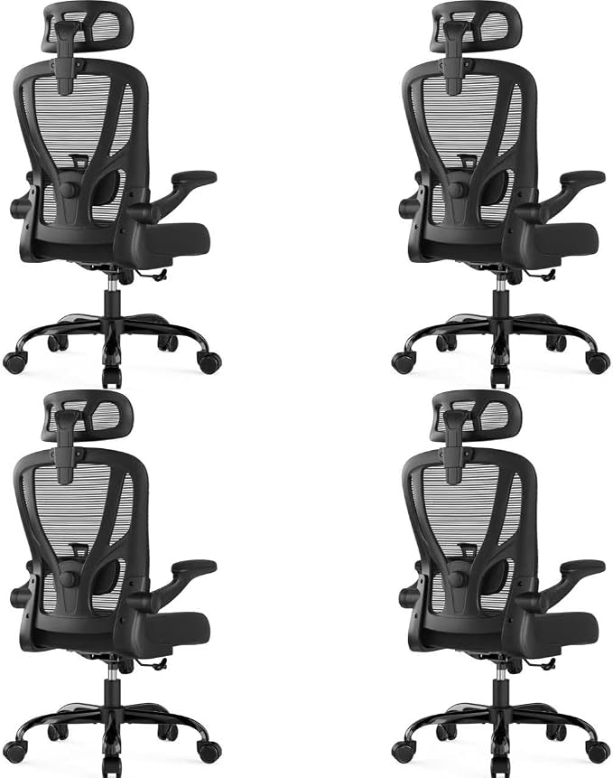 Office Chair Ergonomic Desk Chair - Mesh High Back Office Chair with Headrests Wheels Lumbar Support Home Desk Office Chairs Flip up Armrest Executive Rolling Computer Chair Black 4 Pack