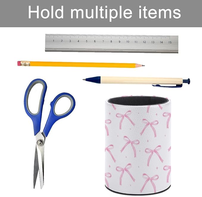 Bow Pen Holder for Desk PU Pencil Cup Organizer | Round Desks Makeup Brush Holder for School Multifunctional Office Supplies