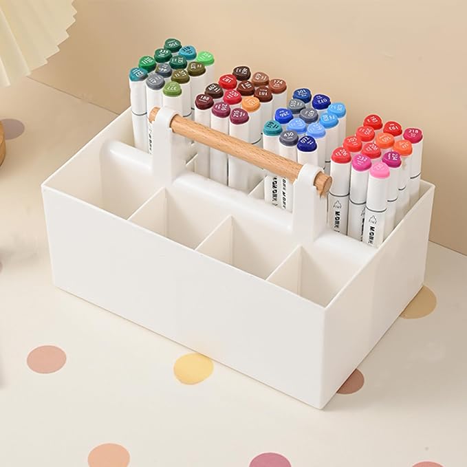 Buqoo Desk Organizer with 8 Compartments for Office Supplies | Plastic Makeup Organizer with Wooden Handle, Pen Holder for Desktop Storage, Desk Organization for Office Supplies (White)