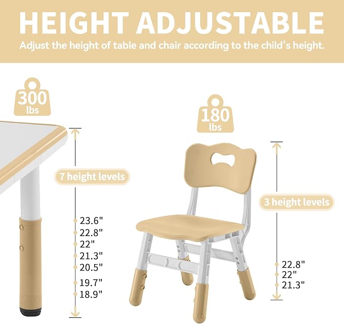 DOREROOM Adjustable Kids Table & 4 Chairs Set, 47.2" L x 23.6" W, Beige | Graffiti Desktop,Table Supports 300 lbs,Toddler Ages 2-8，FSC-certified, Children Activity Table for Daycare, Classroom, Home