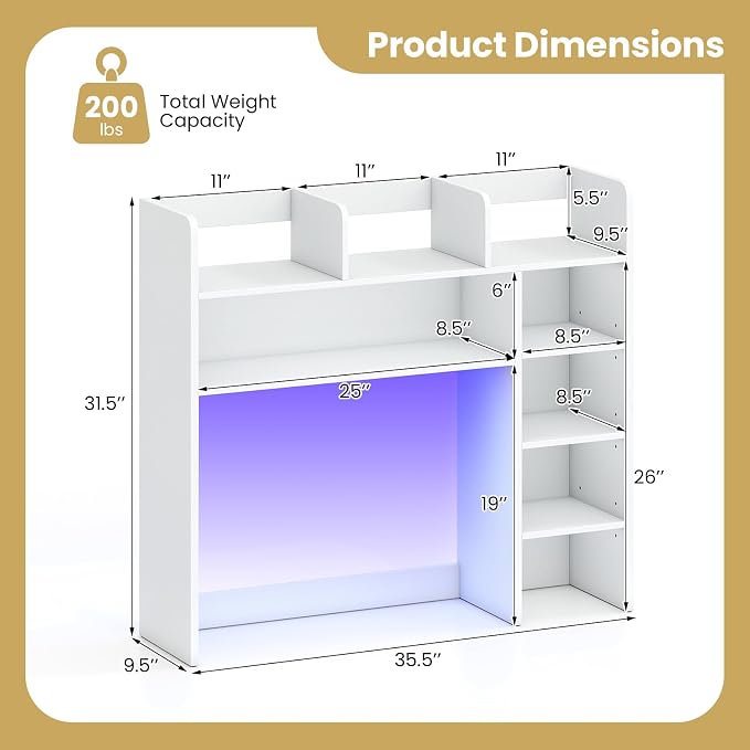 Tangkula Desktop Bookshelf with LED Lights, Desk Hutch with 8 Shelves for Max 25" Monitor, Desktop 5-Tier Display Rack, Multipurpose Wood Desktop Storage Hutch Organizer for Dorm Office Home (White)