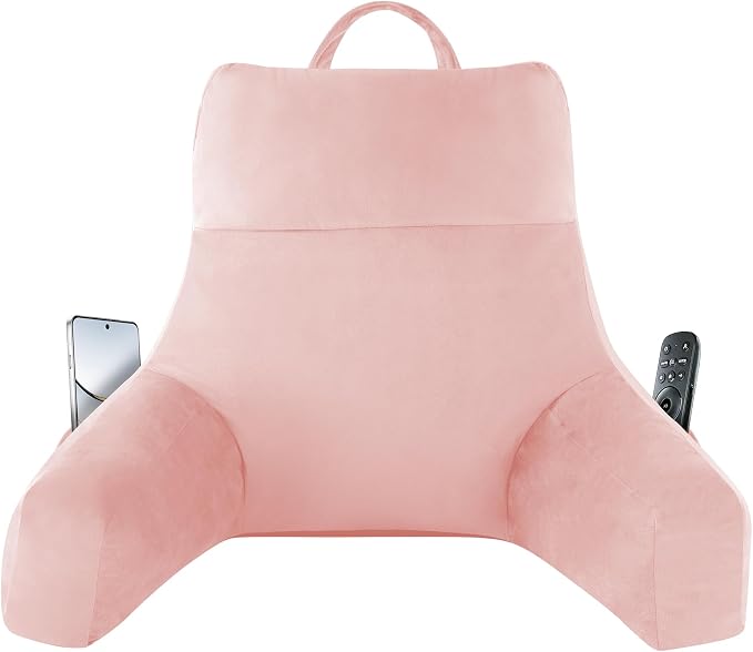 IPYNBAP Back Pillow for Bed Sitting up, Reading Pillow for Sitting in Bed Adult, Back Support Pillow, Memory Foam Sit up Lounge Backrest Pillow with Arms for TV, Couch, Chair, Dorm, 20 Inch, Pink