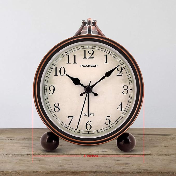 Peakeep 4" Small Battery Operated Antique Retro Analog Alarm Clock | with Contour Lines in Gold for Room Decor, Silent Elegant Bedside Desk Table Gift Clock