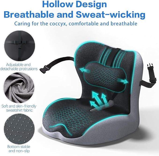 Memory Foam Seat Cushion for Office Chair,Sciatica Pain Relief Coccyx Cushion for Tailbone Pain,Orthopedic Gel Seat Cushion for Car,Non-Slip Bottom and Breathable Cover (Black,Grey)