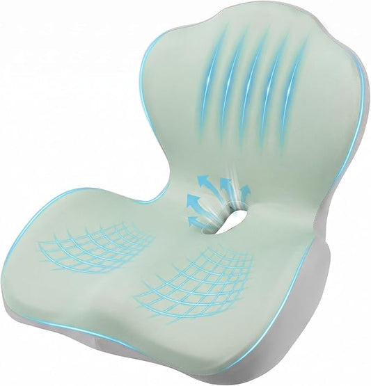 Car Seat Cushion with Lumbar Support Pillow, Memory Foam Office Chair Cushion for Back Pain Sciatica Pain Relief, Ergonomic L-Shaped Seat Cushion for Car Truck Driving Office Chair Home (Green Gray)