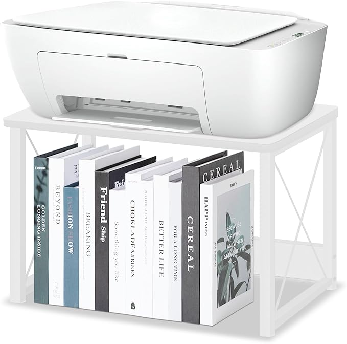 ELITEROO Desktop Printer Stand with Storage, Printer Stand Shelf | Desk Organizer shelf for Home, Modern Wood Printer Riser Under Desk Small Table for Printer Fax Machine Copier Scanner, White