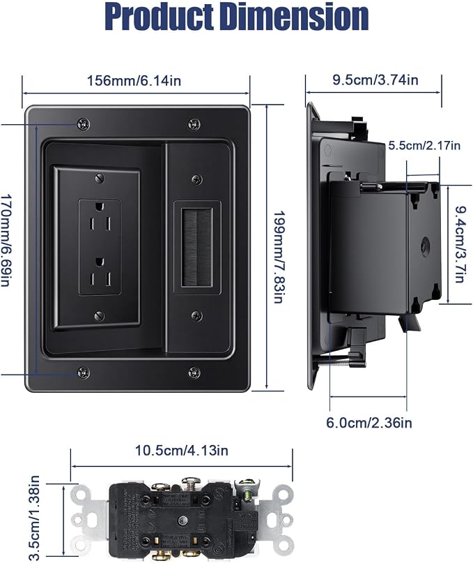 in Wall Cable Management Kit, Wall Cable Concealer Kit for TV, Recessed Outlet for Low Voltage Cables, Cord Hider Fits All Plugs for Wall Mounted TV & Cable Pass Through, Black