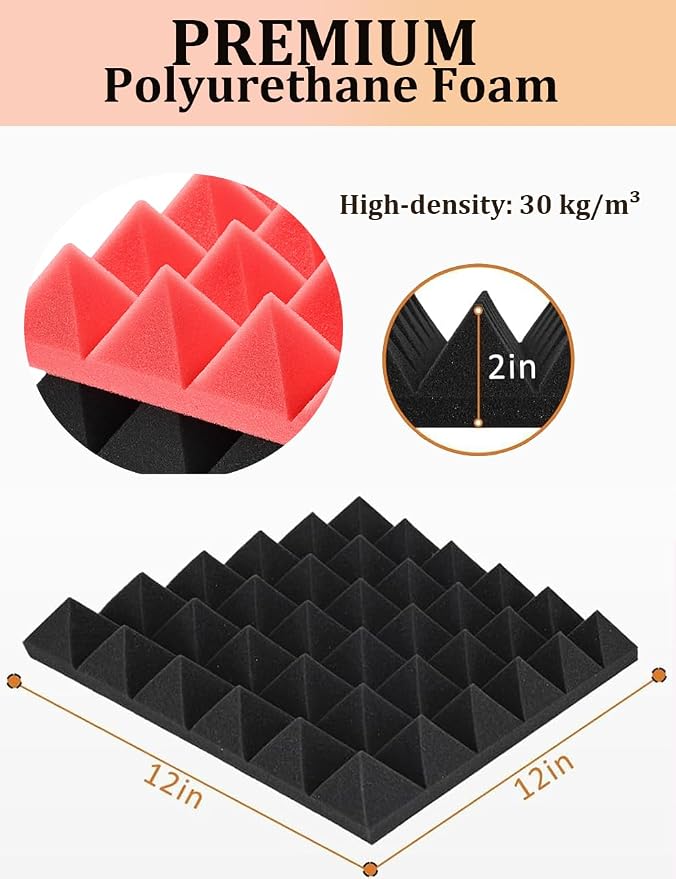 Acoustic Foams Panels 24 Pack 2" x 12"x 12" Sound Proof Foam Panels for Walls High Density and Fire Resistant Soundproofing Panels Soundproof Studio Pyramid Sound Dampening Panels Black Red