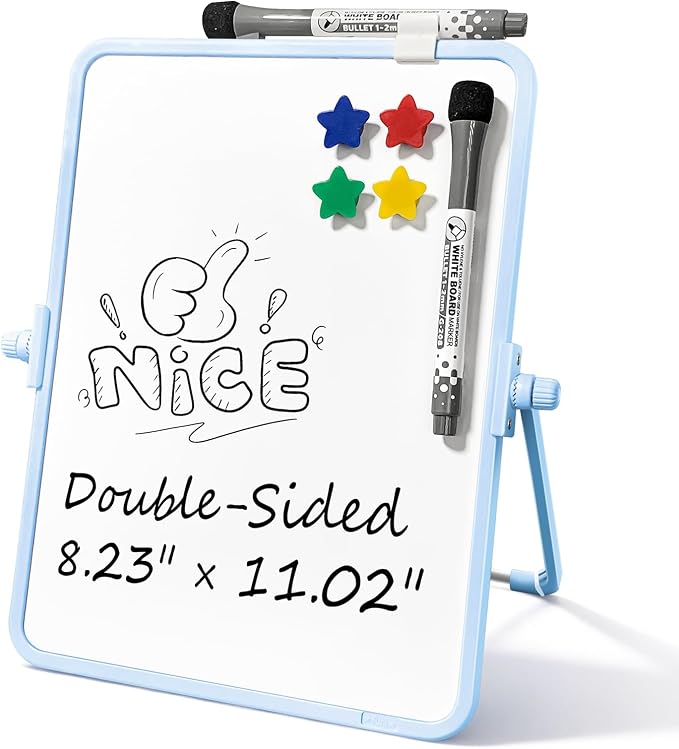 Colorful Dry Erase White Board 8.3x11in, Magnetic Desktop Board with Stand, 2 Markers (Eraser Head), 4 Magnets - Double-Sided Easel for Daily Planning, Memo, Office/Home/School (Blue)