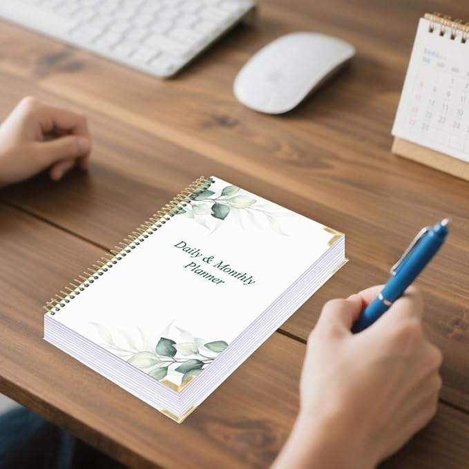 Undated Daily Monthly Planner for 2026 or Anytime - A5 To Do List with Hourly Schedule, Hardcover Spiral Bound Daily Planner to Increase Focus, Stylish School/Office Supplies, 5.8" x 8.5", Green Leaf