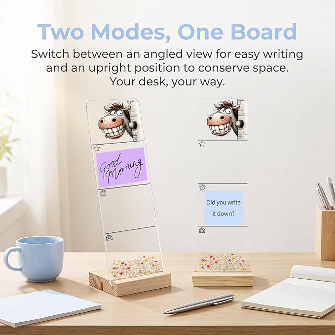 Sticky Note Holder, Monitor Memo Board, Acrylic Post It Note Holder with Wooden Base, Includes 200 Notes, Desk Organizer for Office, Cute Donkey Design