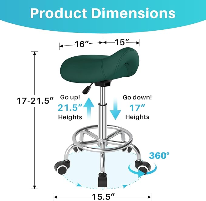 YEEZEE Saddle Stool Ergonomic, Saddle Chair with Wheels, Green | Comfortable Wide Thick Saddle Seat Padding, 360°Swivel, Adjustable Height, Ring Pedal Design, for Medical Massage Salon Spa