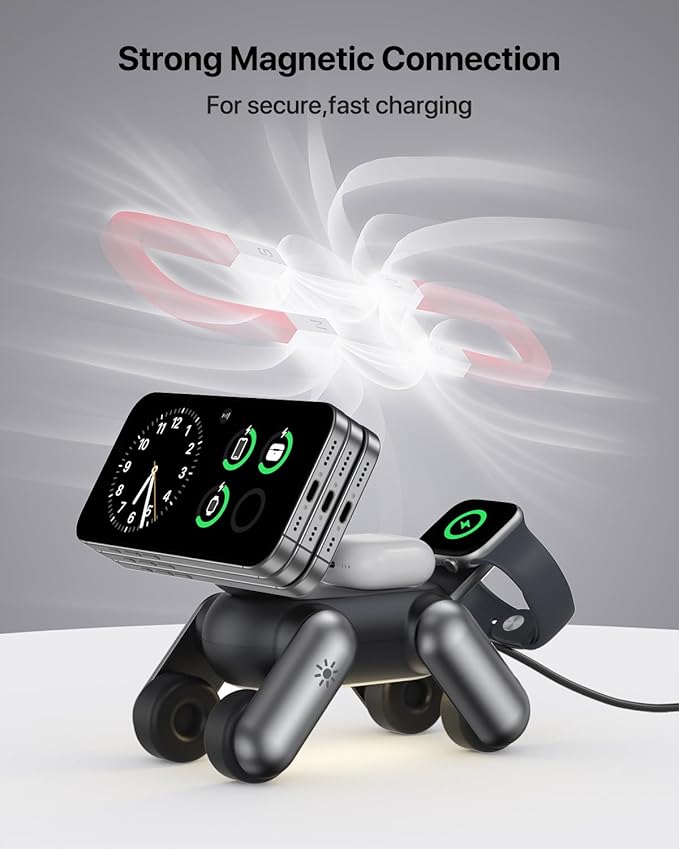 3 in 1 Wireless Charging Station for Apple Devices,Foldable Cute Magnetic Mag-Safe Wireless Charger Stand with Night Light for iPhone 17 Air 16 15 14 13 12 Series,AirPods 4 3 2 Pro,Apple Watch