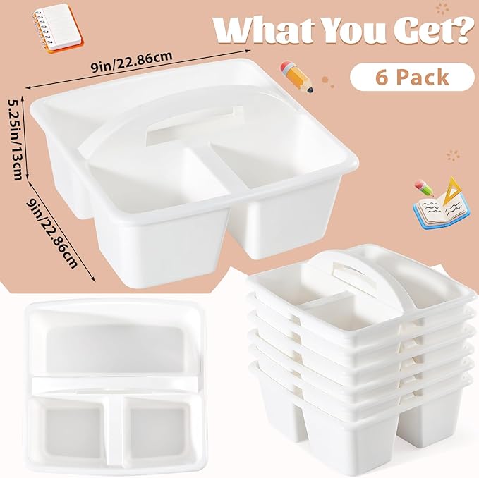 6 Pack Classroom Caddy with Handle Plastic Storage Caddy Organizer with 3 Compartments Desk Caddies Holder Portable Storage Bin for Pencil, Crayon, Marker, Home, Office, School Supplies(White)