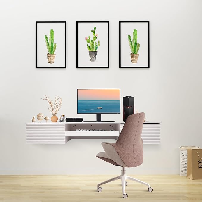 Modern Heavy Duty Wall Mounted Desk, Rectangular White Ecological Board, 60 * 15.5 * 9.5in, Wall Organizer Table with Pull Out Drawer, Home Office, Garage, Basement, Kitchen