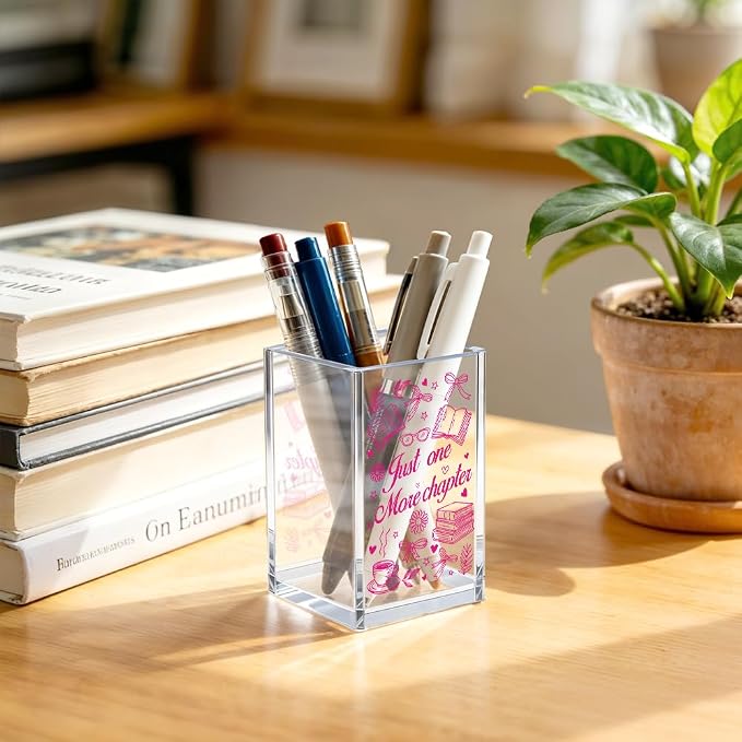 Just One More Chapter Acrylic Cosmetic Pencil Pen Bookmark Storage Holder Cup, Funny Pink bow Pen Holder Cup Gifts for Women Bookworm Book Lover Librarian, Graduation Gifts for Daughter Niece